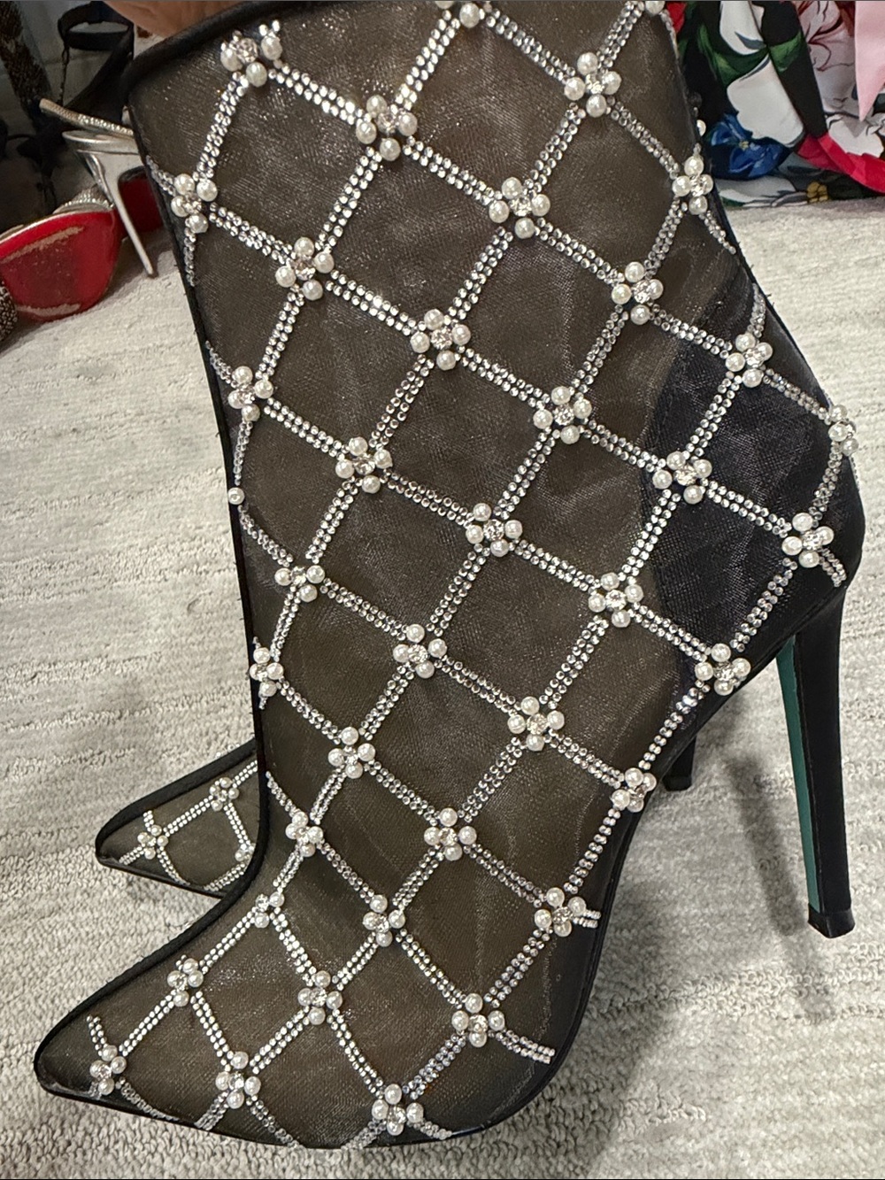 Betsey Johnson Black Mesh Ankle Boots with Pearl & Crystal Lattice - Picture 7 of 7